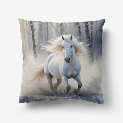 Pillow-Throw-Premium Hypoallergenic-Gray Horse-White-Running-Galloping-Snow-Woods