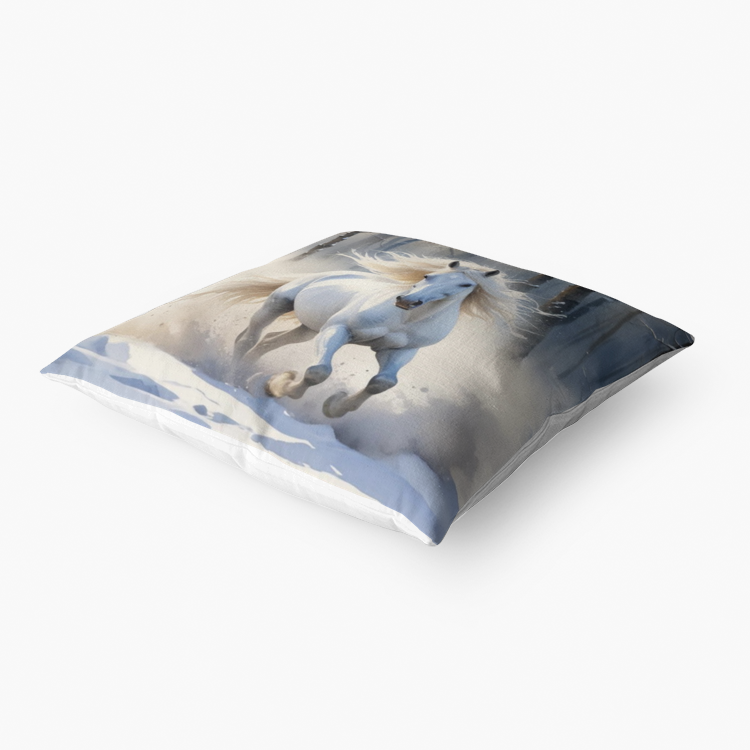 Pillow-Throw-Premium Hypoallergenic-Gray Horse-White-Running-Galloping-Snow-Woods