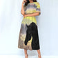 Dress-Midi-Shirt Sleeve-Elastic Waist-All-Over Print-Black Horse-Field-Yellow-Black