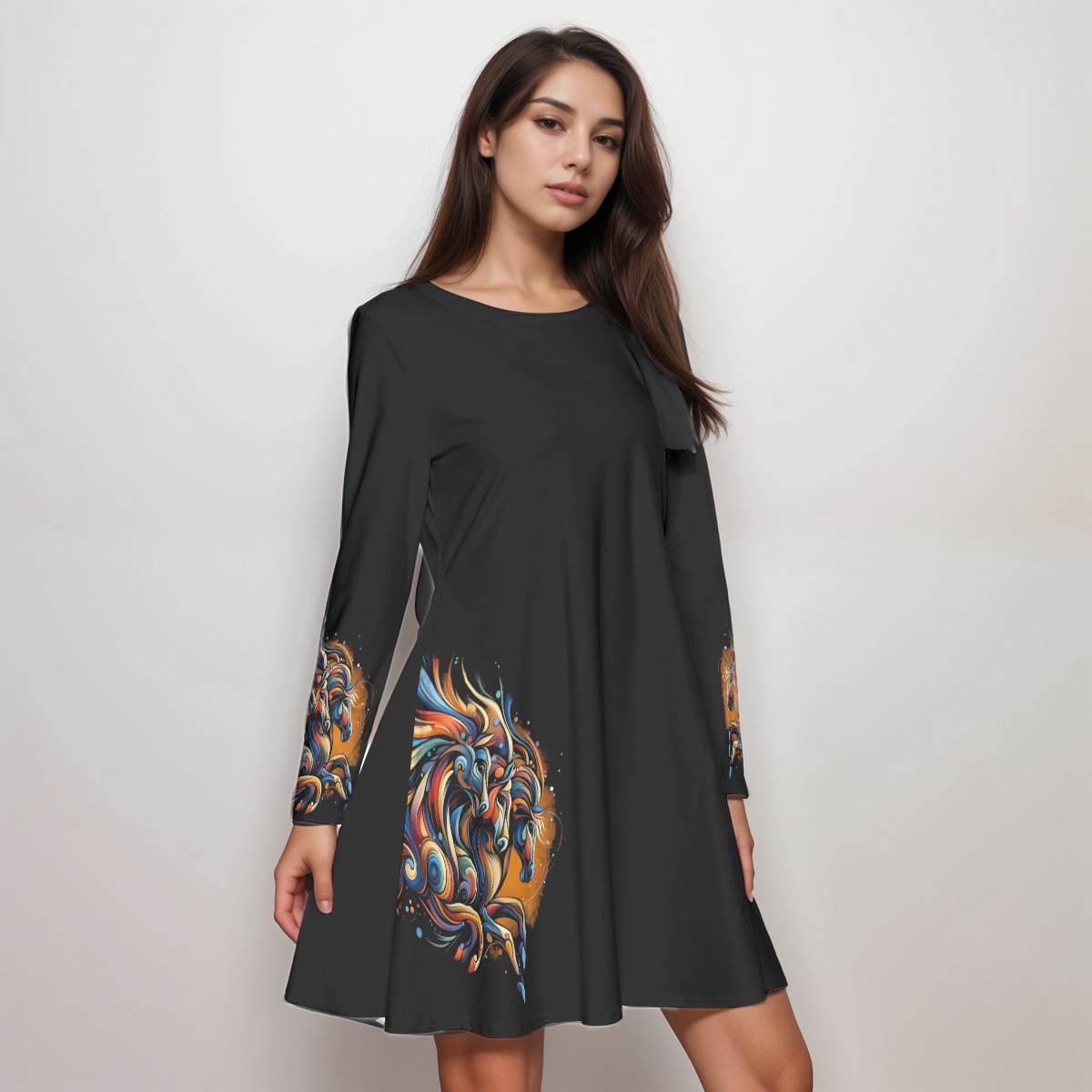 Dress-Women's Crew Neck-All-Over Print-Horse-Black