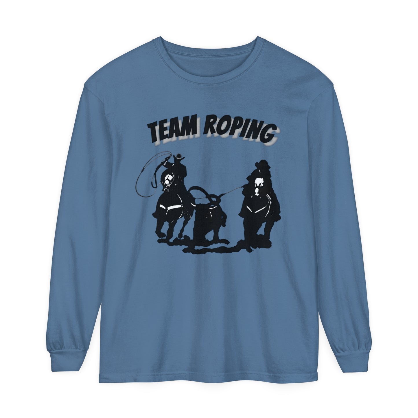 T-Shirt-Women's-Men's-Garment-dyed-Long Sleeve-All Cotton-Horses-Rodeo-Team Roping