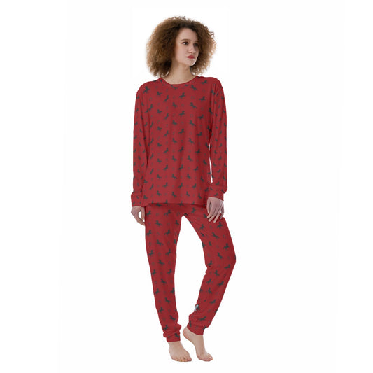 Pajamas-Women's-All-Over Print-190GSM Cotton-Horses-Red-Black