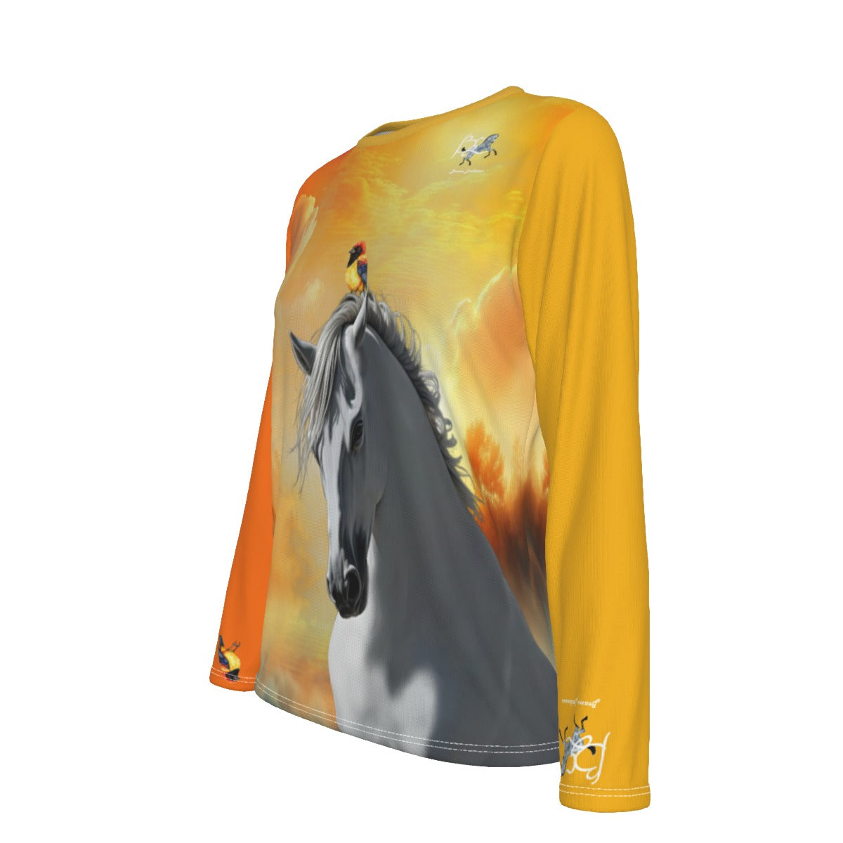 T-Shirt-Women's-Crew Neck-Long Sleeve-All-Over Print-190GSM Cotton-Gray White Horse-Andalusian-Orange Yellow