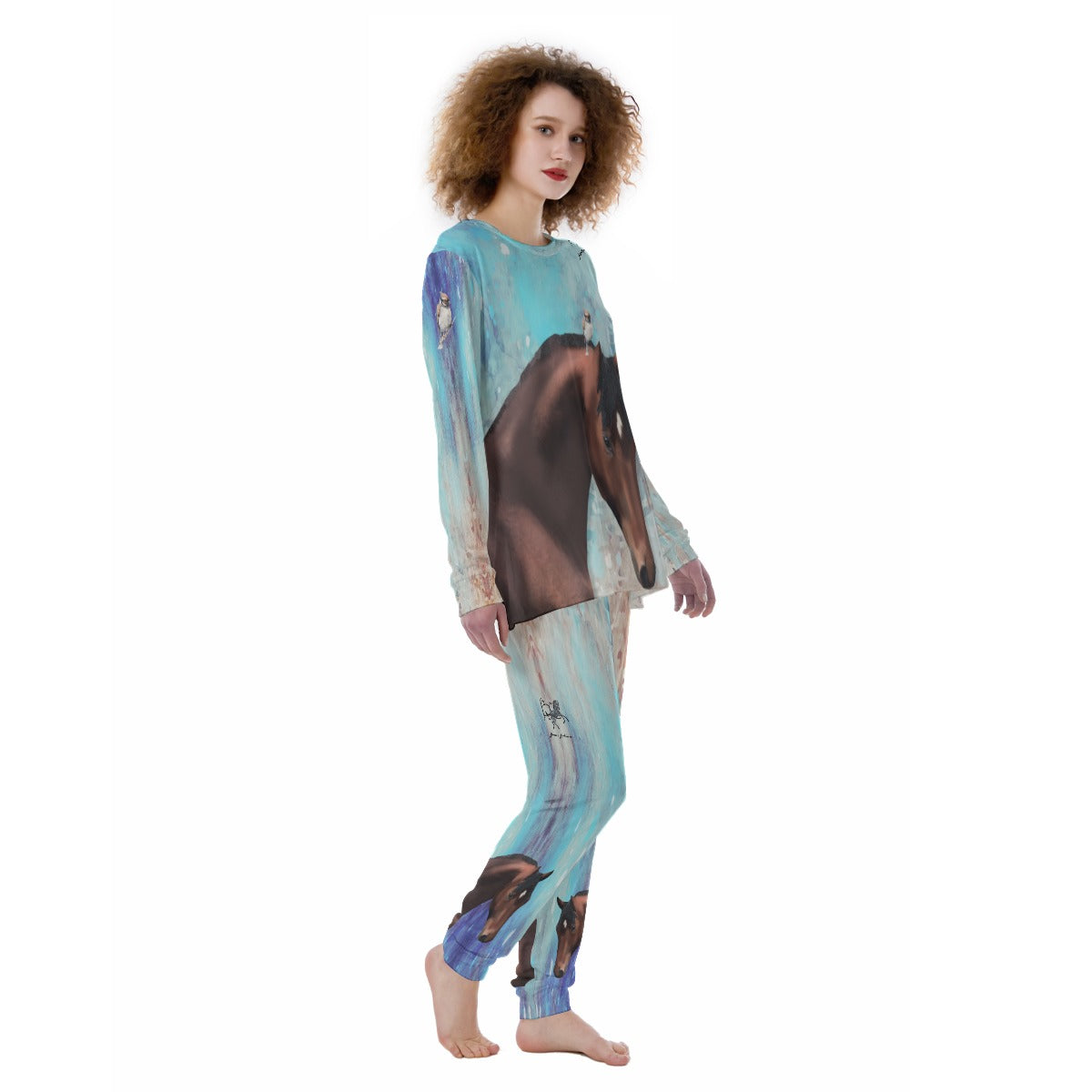 Pajamas-Women's-All-Over Print-190GSM Cotton-Bay Horses-Blue-Aqua-Brown