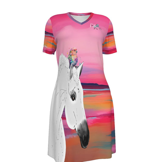 Night Shirt -Women's V Neck -Short Sleeve-All-Over Print-180GMS Cotton-Horse-Bird-Sunset