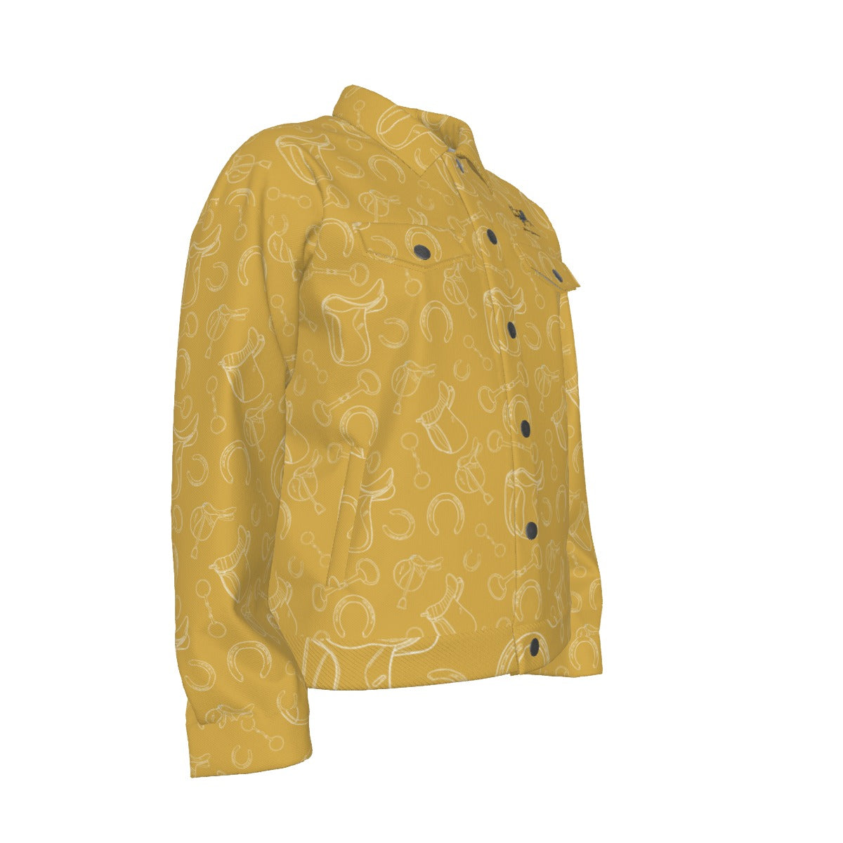 Jacket -Lapel-Collar-Pockets-Denim Coat Style-All-Over Print-Unisex-245GSM Cotton-Equestrian=Horses-English Tack-Gold-Yellow