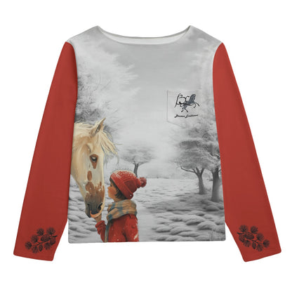 Sweatshirt-Unisex-Boat Neckline-All-Over Print-Chest Pocket-All Cotton 3100GSM-Paint Horse-Girl Red Hat-Winter Scene