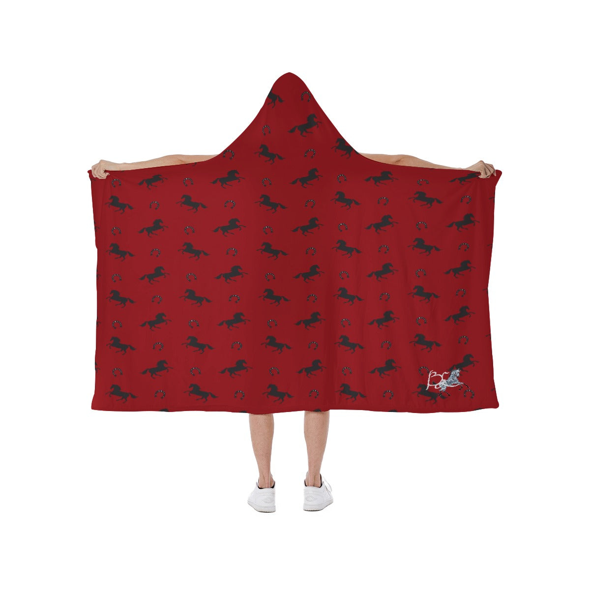 Blanket Hooded-Soft Fleece Lining-Horses-Red-Black