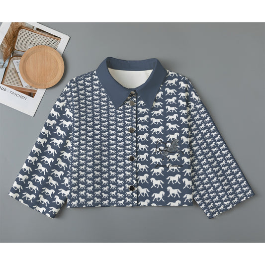 Cardigan-Women's-Jacket-All Over Print-All Cotton-3/4 Sleeve-Button-Up-245GSM Cotton-Horses-Navy Blue