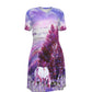 Night Shirt -Women's V Neck -Short Sleeve-All-Over Print-180GMS Cotton-Horse-Purple Lavender