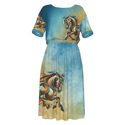 Dress-Midi-Shirt Sleeve-Elastic Waist-All-Over Print-Horse-Iconic Horse-Blue