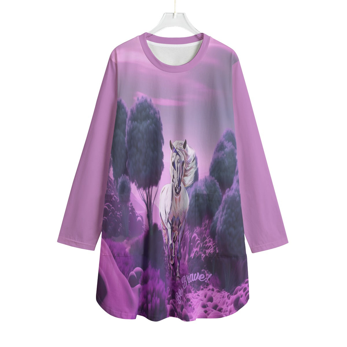 Top-Tunic-Dress-Women's Long Sleeve-All Cotton-All-Over Print-All Cotton-Gray Horse-Pink-Purple