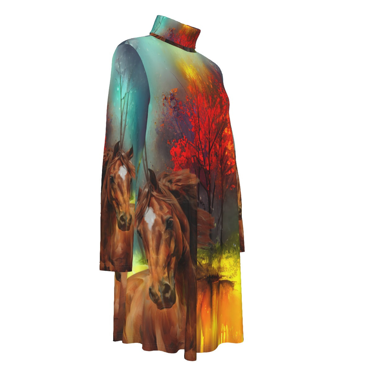 Top-Tunic-Dress-Turtle Neck-Long Sleeves-All Over Print-Chestnut Horses-Forest-Dusk-Red-Brown