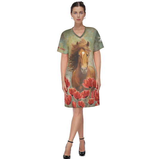 Night Shirt-Women's V Neck -Short Sleeve-All-Over Print-Horse-180GMS Cotton-Chestnut Horse-Tulips