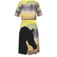 Dress-Midi-Shirt Sleeve-Elastic Waist-All-Over Print-Black Horse-Field-Yellow-Black