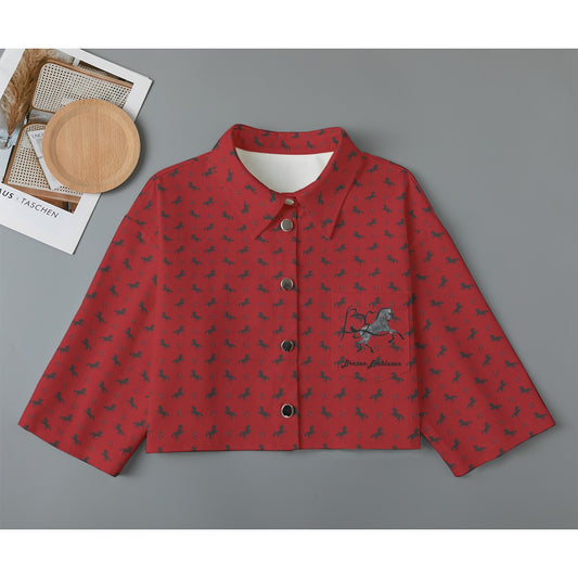 Cardigan-Women's-Jacket-All Over Print-All Cotton-3/4 Sleeve-Button-Up-245GSM Cotton-Horses-Red-Black