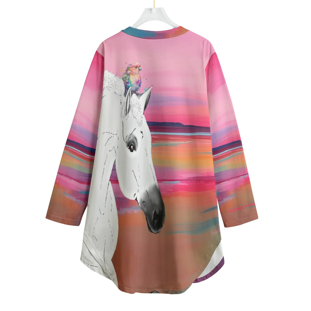 Top-Tunic-Dress-Women's Long Sleeve-All Cotton-All-Over Print-Horse-Bird-Sea-Ocean-Sunset