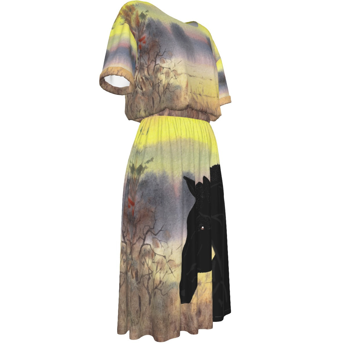 Dress-Midi-Shirt Sleeve-Elastic Waist-All-Over Print-Black Horse-Field-Yellow-Black