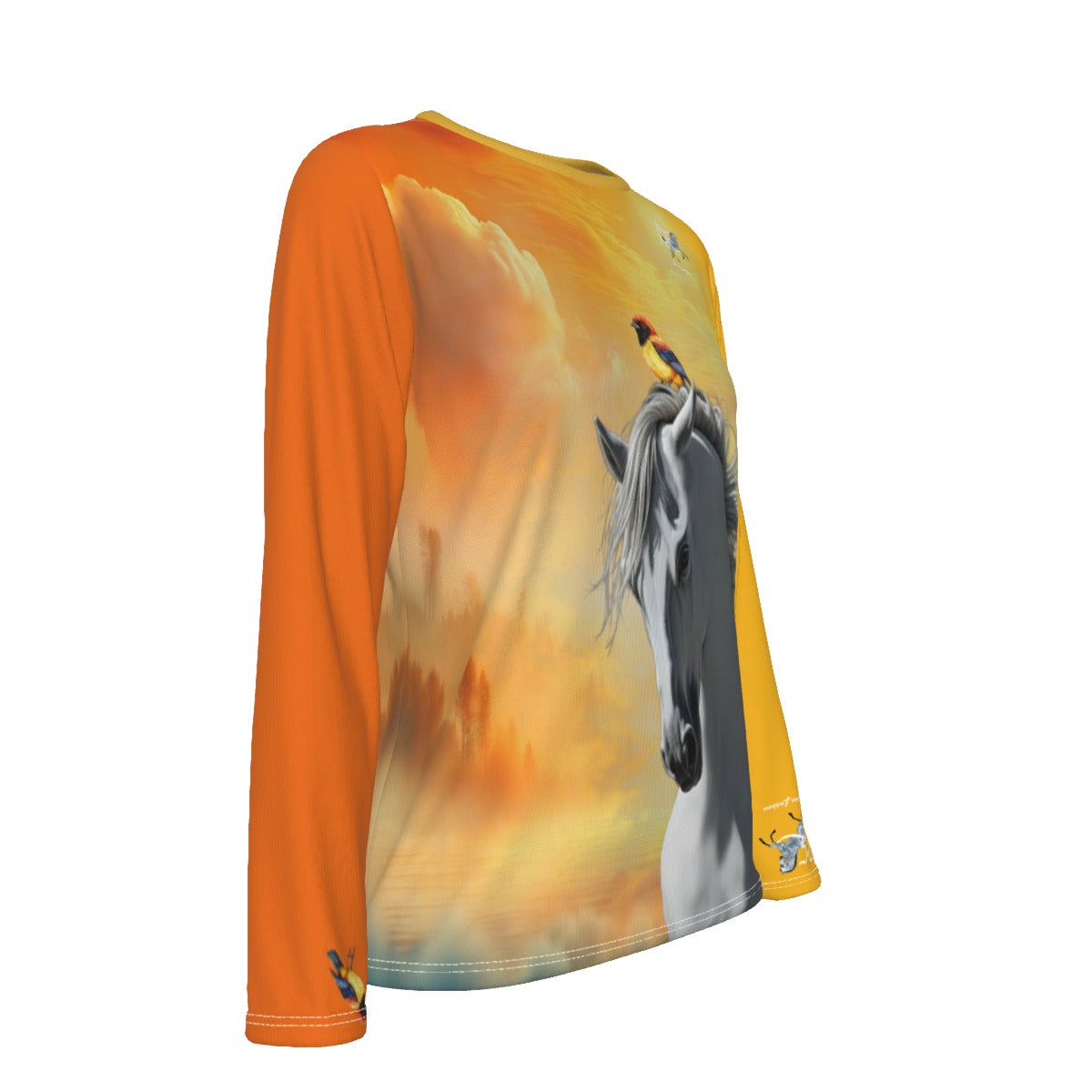 T-Shirt-Women's-Crew Neck-Long Sleeve-All-Over Print-190GSM Cotton-Gray White Horse-Andalusian-Orange Yellow