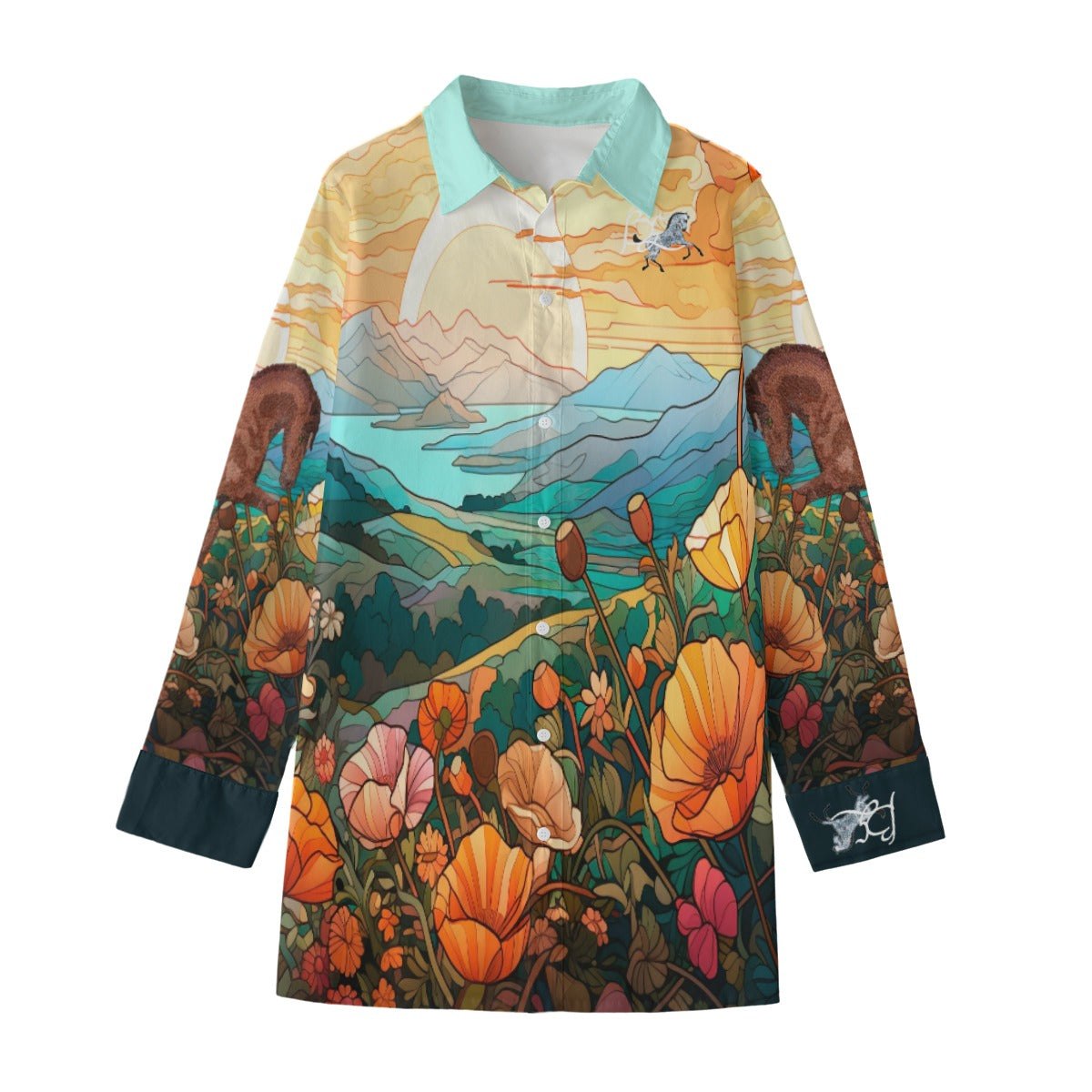 Shirt-Women's-Button Up-Long Sleeve-Cotton poplin-Chestnut Horse Andalusian-Garden-Flowers-Mountains-Aqua-Orange-Green