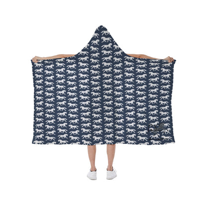 Blanket Hooded-Soft Fleece Lining-Horses-Navy Blue-White