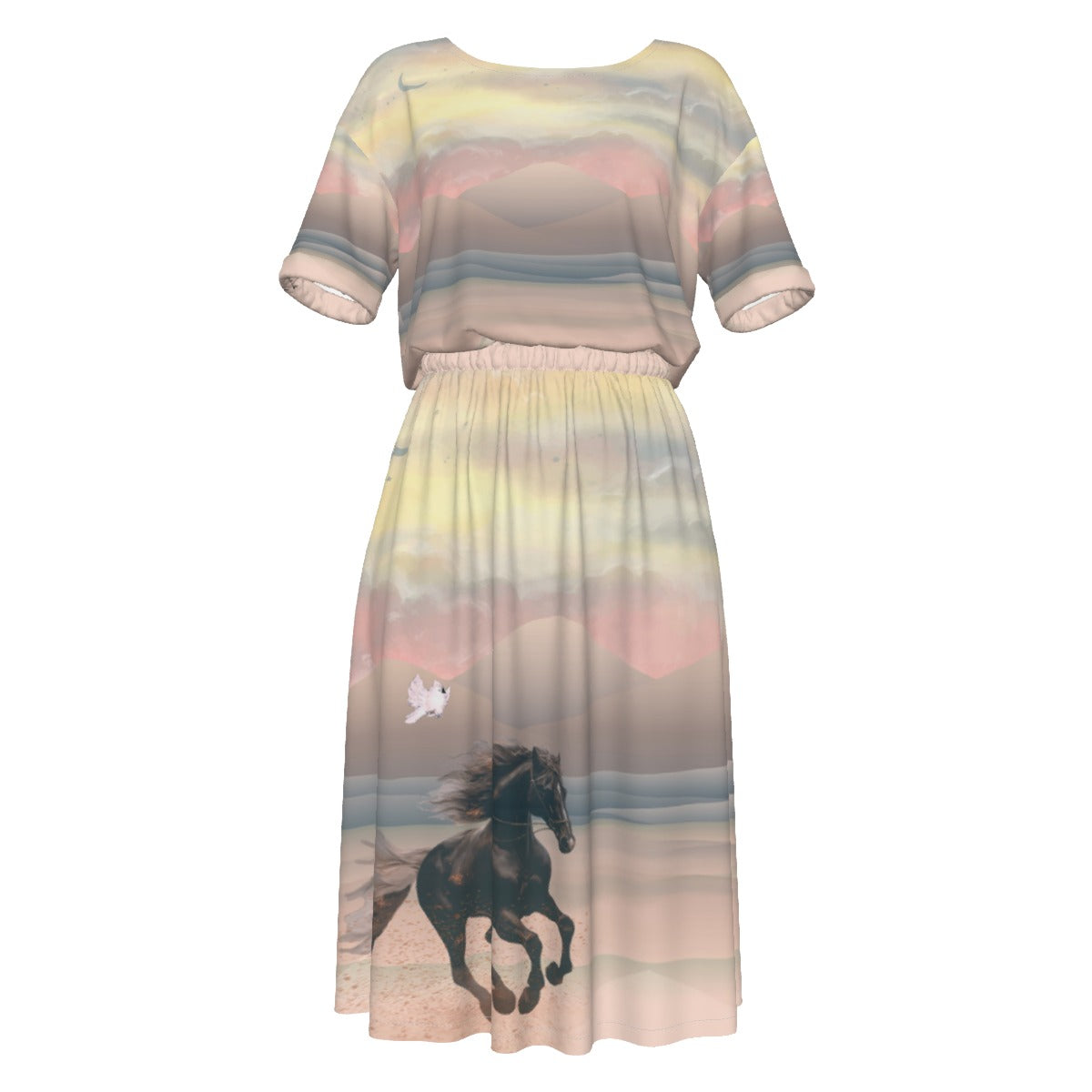 Dress-Midi-Shirt Sleeve-Elastic Waist-All-Over Print-Horses-Dark Palomino-Dusty Morning-Pink Pastels