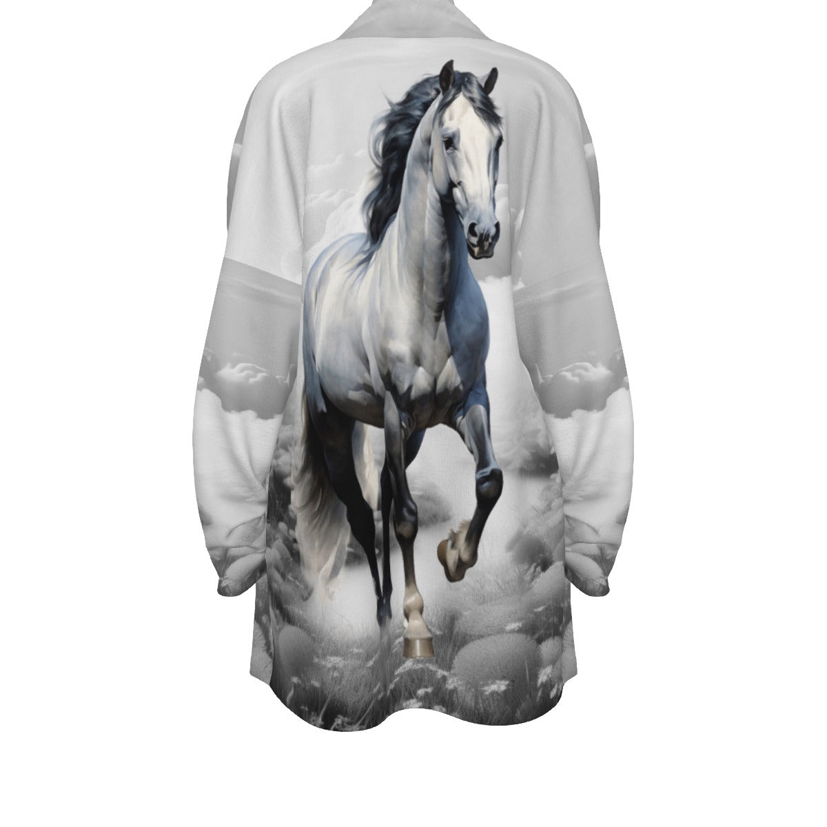 Cardigan-Women's-All-Over Print-Long Sleeve-Nature-Horse Design-Neutral Gray Black White