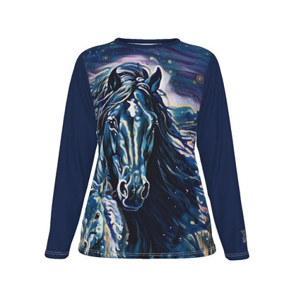 T-Shirt-Women's-Crew Neck-Long Sleeve-All-Over Print-190GSM Cotton-Horse-Blue Midnight