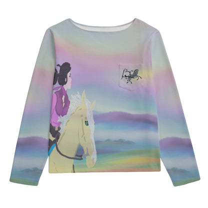 Sweatshirt-Unisex-Boat Neckline-All-Over Print-Chest Pocket-Colorful-Pastels-All Cotton 3100GSM-Horse-Girl-Pastels-Blue Pink