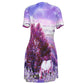 Night Shirt -Women's V Neck -Short Sleeve-All-Over Print-180GMS Cotton-Horse-Purple Lavender