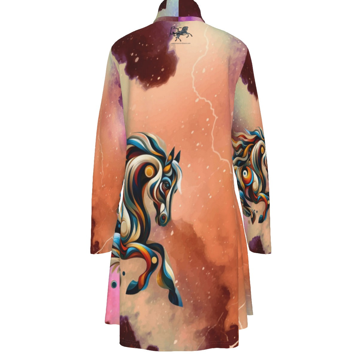 Top-Tunic-Dress-Turtle Neck-Long Sleeves-All Over Print-Icon Horses-Peach-Burgundy Maroon