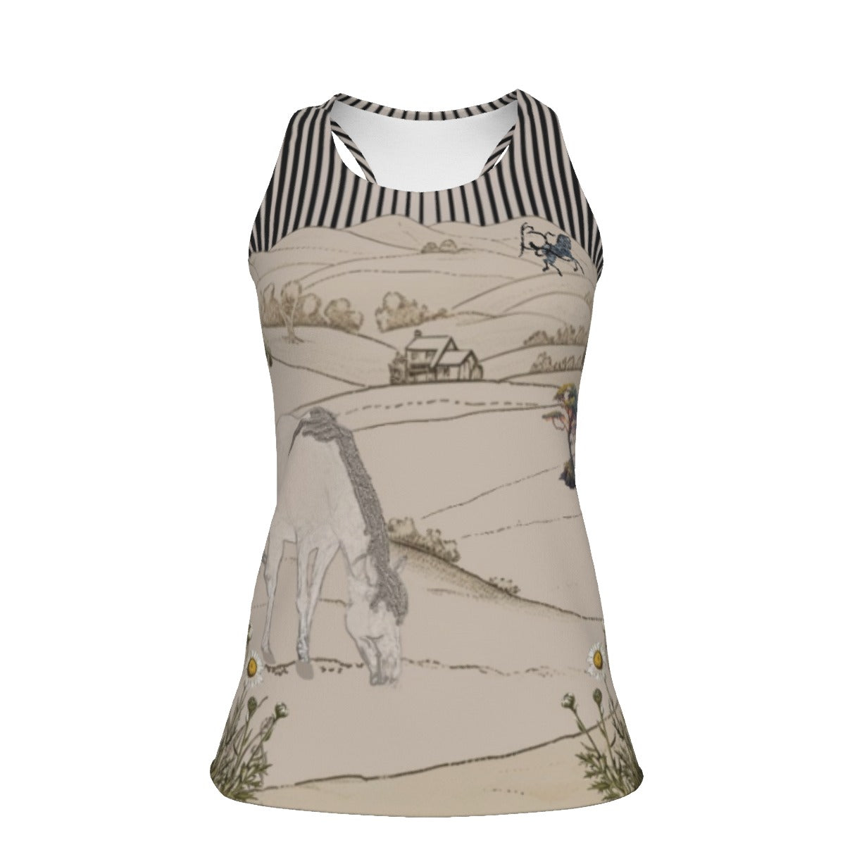 Tank Top-Women's-All-Over Print-Racer Back-190GSM Cotton-Horse-Black-White-Tea Dyed-Beige