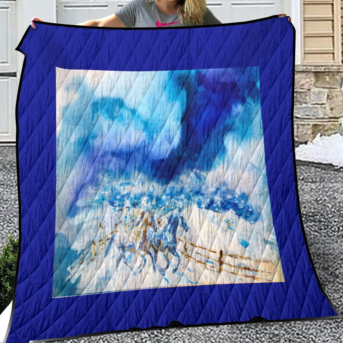 Quilt-Throw-Blanket-Comforter-Horses-Blue-White-11 Sizes Available