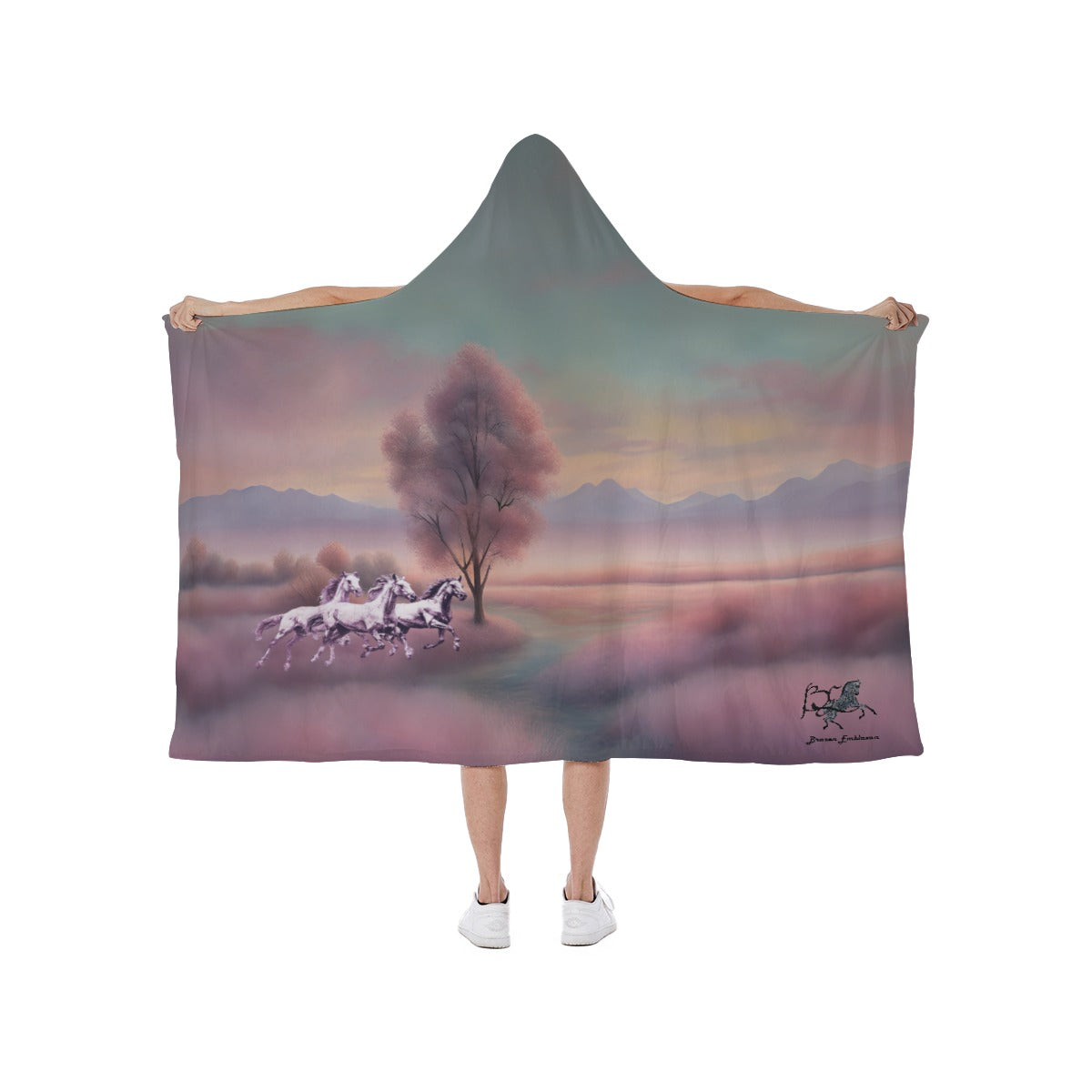 Blanket Hooded-Soft Fleece Lining-Horses-White-Pink-Mint Green