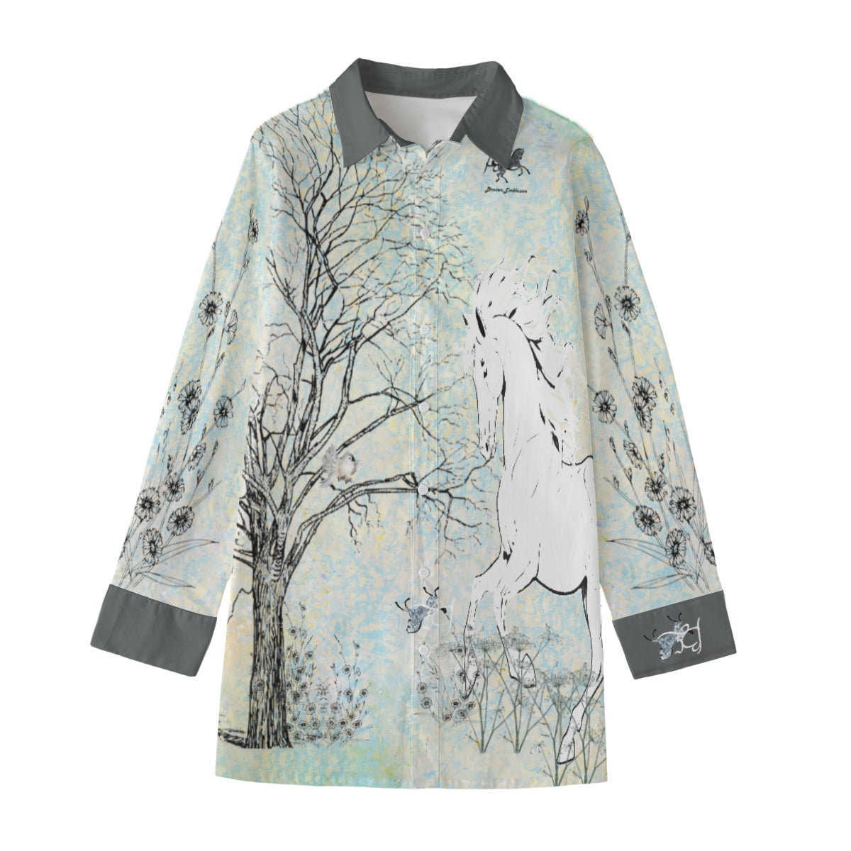 Shirt-Women's-Button Up-Long Sleeve-Cotton poplin-Graphic Horse-Tree-Green