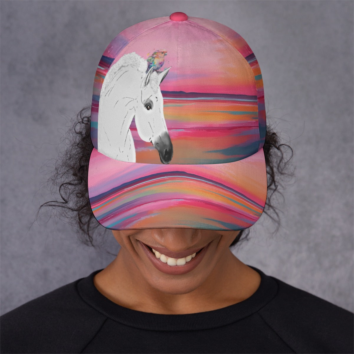 Baseball Cap Dad Hat-White Horse-Bird-Sea Shore-Pinks