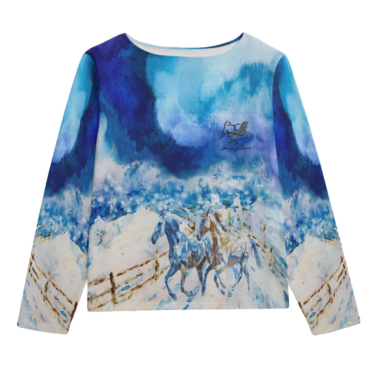 Sweatshirt-Unisex-Boat Neckline-All-Over Print-Chest Pocket-Colorful-Pastels-All Cotton 3100GSM-Horses-Blue White