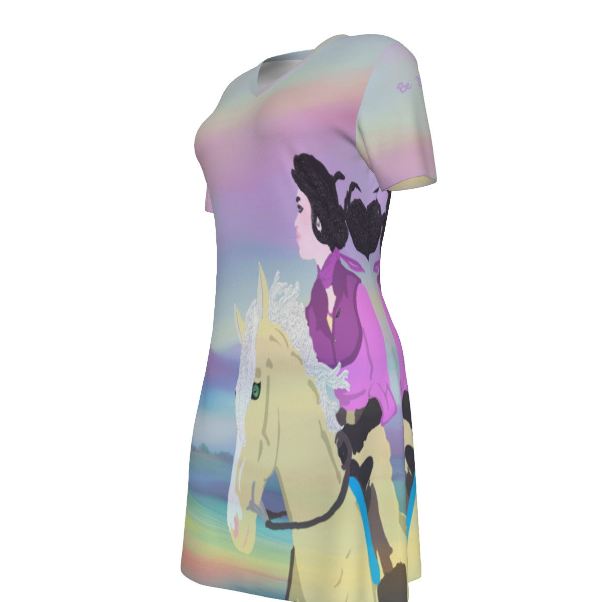 Night Shirt -Women's V Neck -Short Sleeve-All-Over Print-180GMS Cotton-Horse-Rider-Sunrise