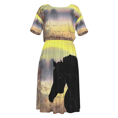 Dress-Midi-Shirt Sleeve-Elastic Waist-All-Over Print-Black Horse-Field-Yellow-Black