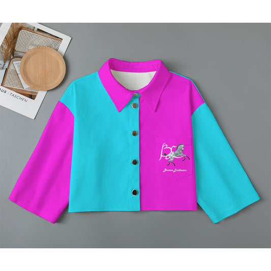 Cardigan-Women's-Jacket-All Over Print-All Cotton-3/4 Sleeve-Button-Up-245GSM Cotton-Horses-BE Logo-Gray Colt-Pink-Blue