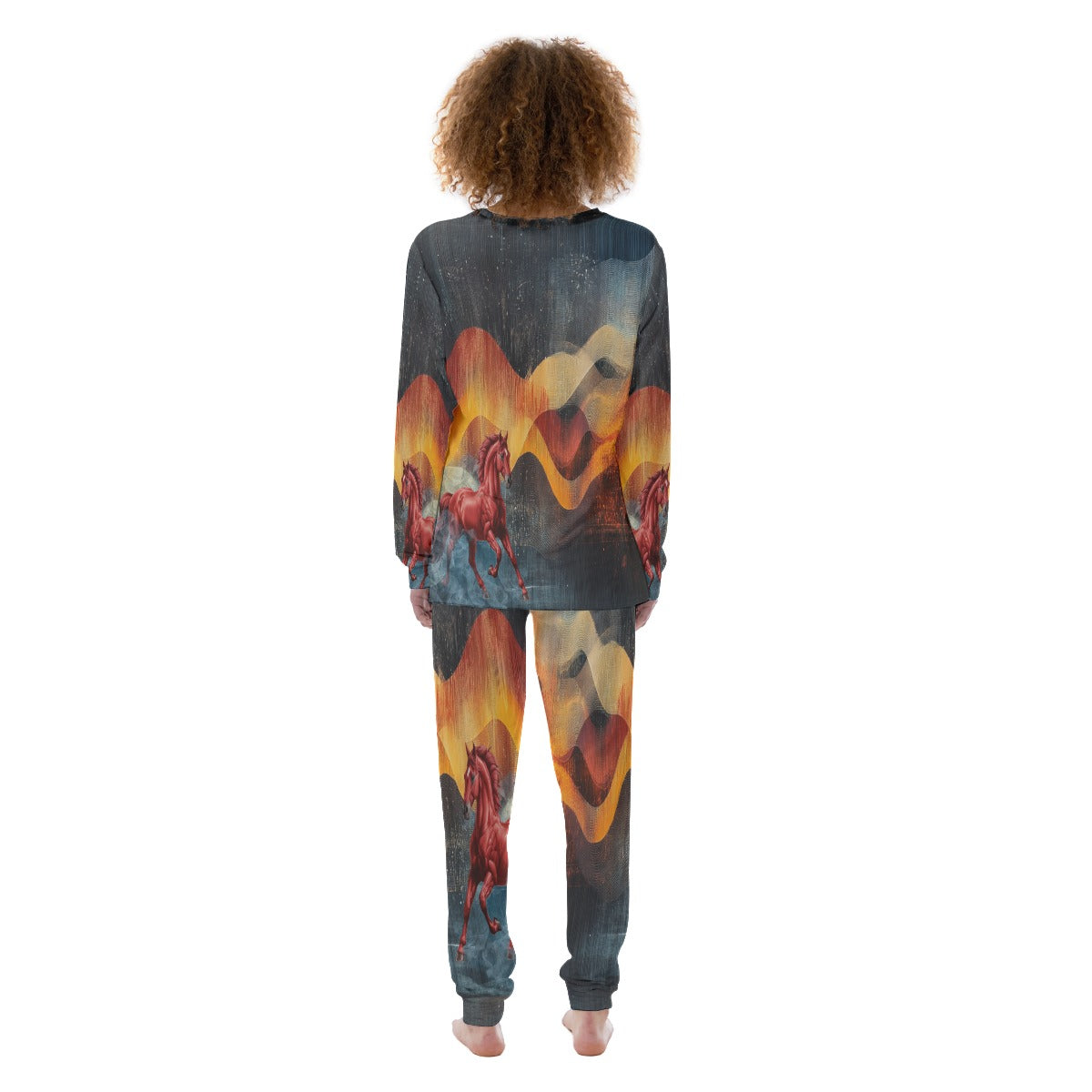 Pajamas-Women's-All-Over Print-190GSM Cotton-Chestnut-Horses-Blue-Orange-Brown