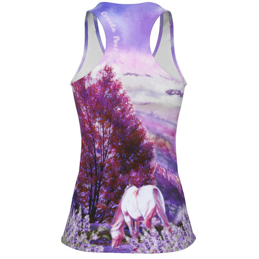 Tank Top-Women's-All-Over Print -Racer Back-190GSM Cotton-Horse-Pasture-Orchard-Purple-Lilac