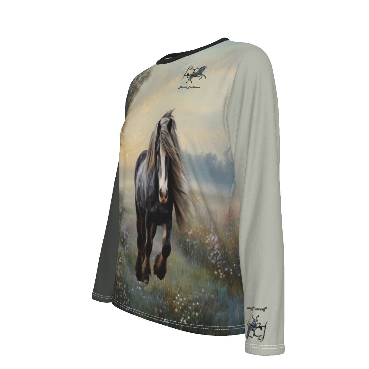 T-Shirt-Women's-Crew Neck-Long Sleeve-All-Over Print-190GSM Cotton-Draft Horse-Spring Field-Gray Green Yellow