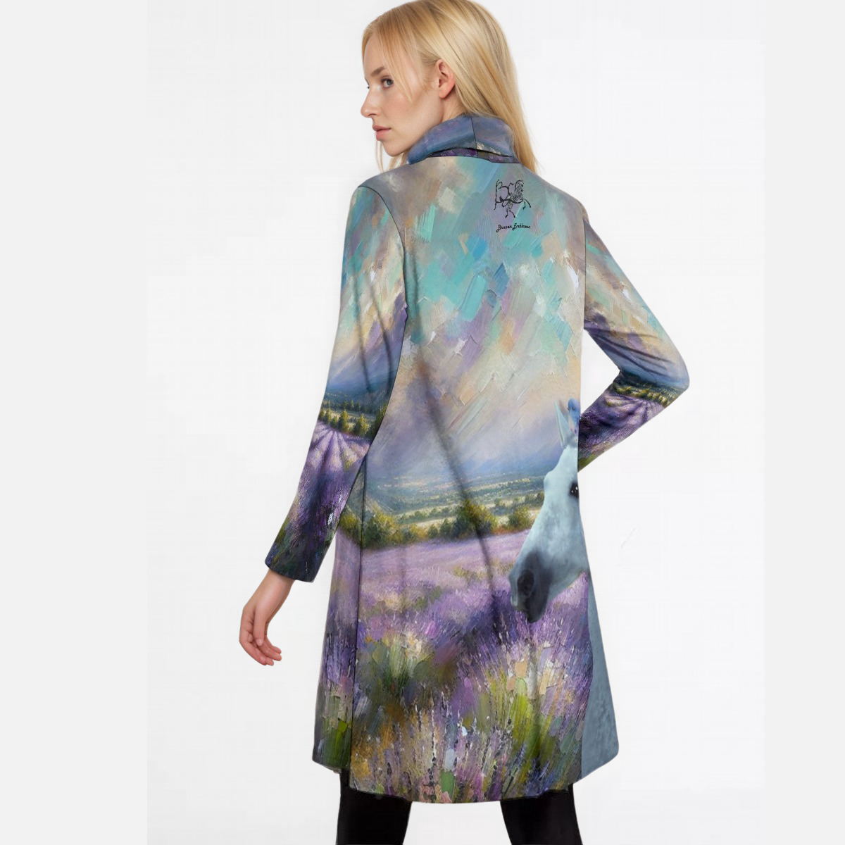 Top-Tunic-Dress-Turtle Neck-Long Sleeves-All Over Print-White Horses-Bird Purple-Blue-Grey-Flowers