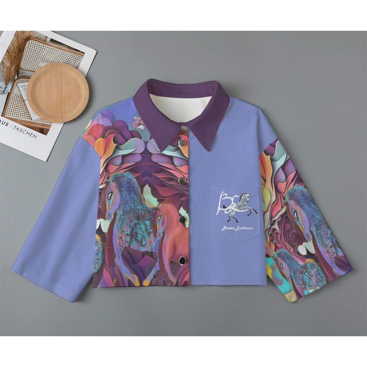 Cardigan-Women's-Jacket-All Over Print-All Cotton-3/4 Sleeve-Button-Up-245GSM Cotton-Horses-Art-Colorful-Purple-Blue-Periwinkle