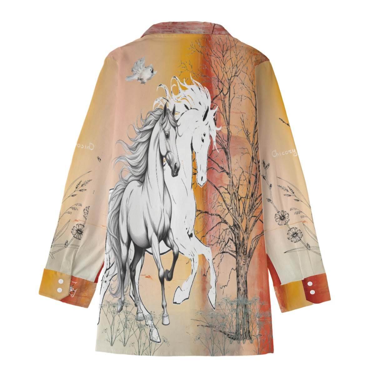 Shirt-Women's-Button Up-Long Sleeve-Cotton poplin-Graphic Horse-Tree-Orange