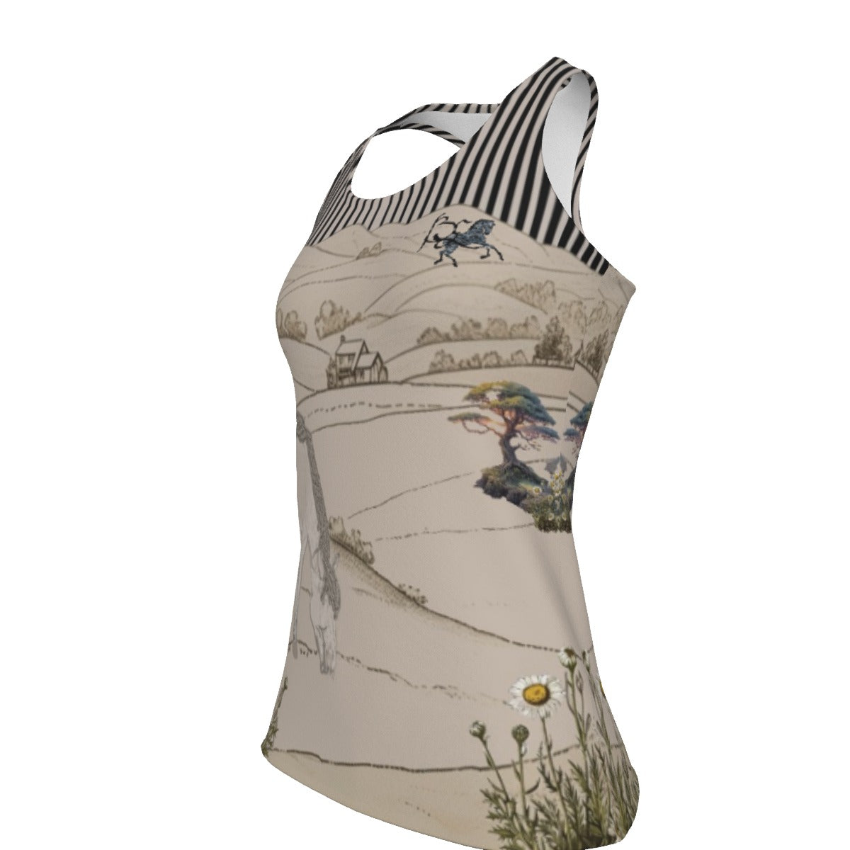 Tank Top-Women's-All-Over Print-Racer Back-190GSM Cotton-Horse-Black-White-Tea Dyed-Beige