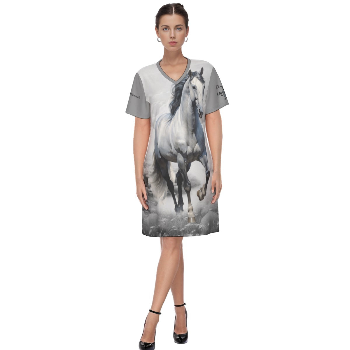 Night Shirt -Women's V Neck -Short Sleeve-All-Over Print-180GMS Cotton-Gray Horse-Clouds