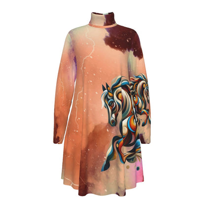 Top-Tunic-Dress-Turtle Neck-Long Sleeves-All Over Print-Icon Horses-Peach-Burgundy Maroon