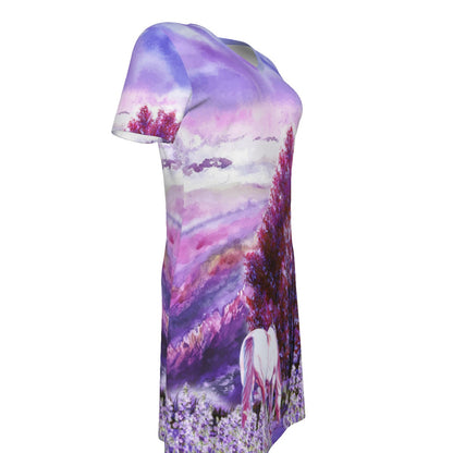 Night Shirt -Women's V Neck -Short Sleeve-All-Over Print-180GMS Cotton-Horse-Purple Lavender